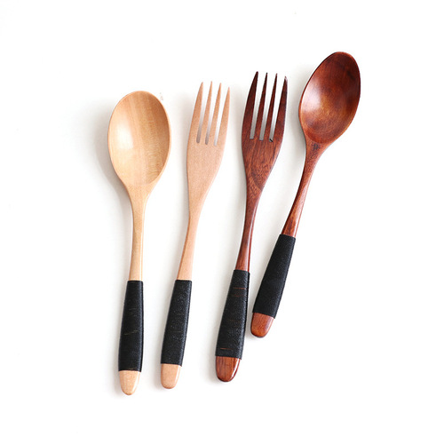 Wholesale creative wooden rice spoon Japanese tableware wavy handle wrapped solid wood spoon and fork set wooden spoon wooden fork