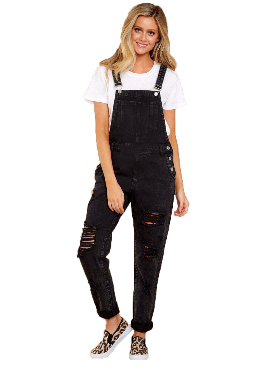 new double shoulder strap denim ripped jumpsuit NSRF64105