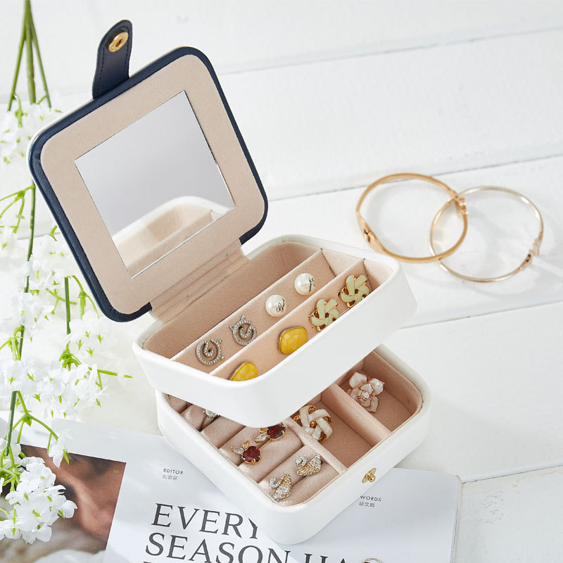 韩国创意皮质首饰盒 旅行便携式耳环耳钉双层珠宝首饰收纳盒批发