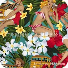 全棉斜纹弹力印花 欧美连衣裙印花布 梦露汽车图案  裤装印花面料