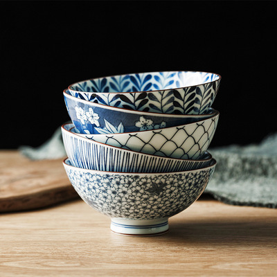 日本古染蓝绘米饭碗具套装 美浓陶瓷碗日式和风餐具 创意家用饭碗