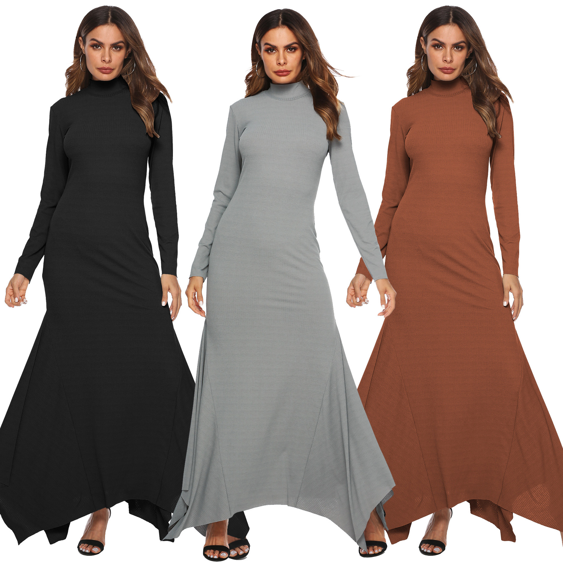 High Stretch Ribbed Turtleneck Fishtail Maxi Dress Slim Fit Asymmetrical Hem Elegant Style Wholesale Available