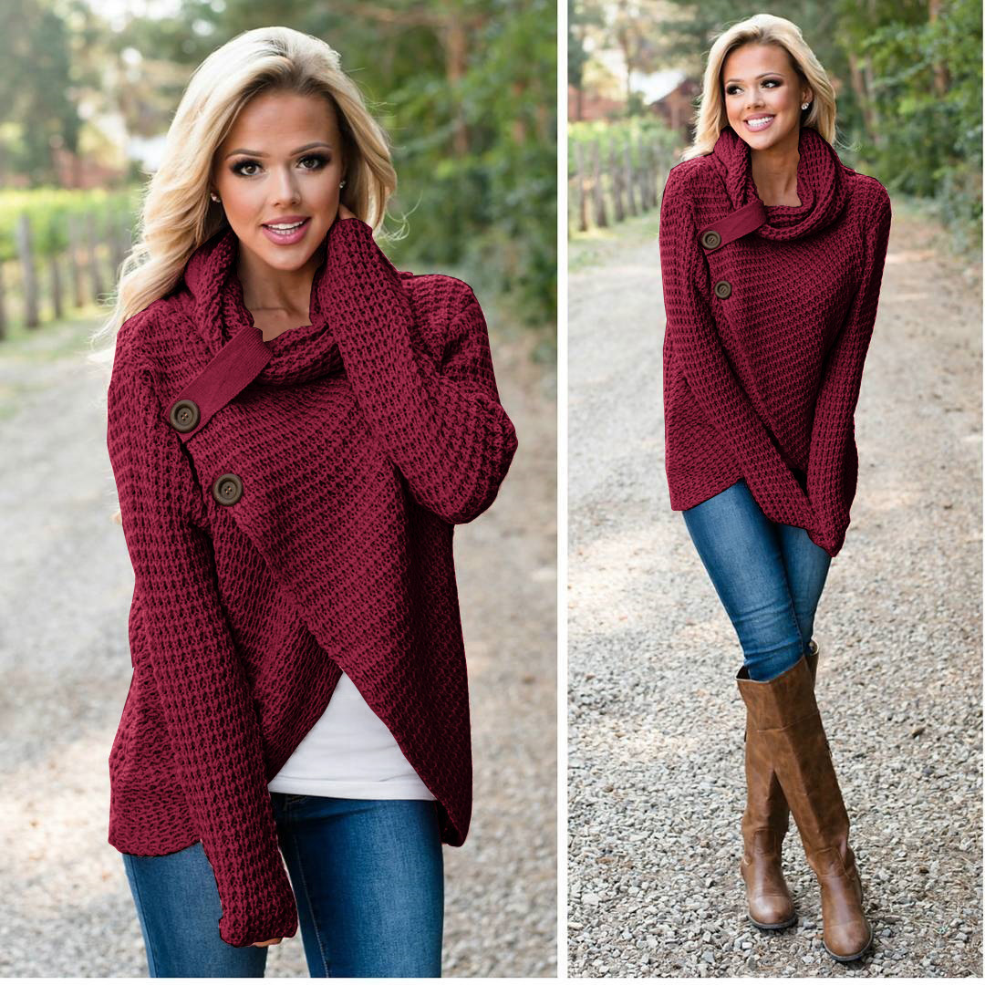 Suéter de Punto Otoño/Invierno 2026, Cárdigan de Cuello Alto con Botones Decorativos, Color Sólido, Estilo Irregular, Ropa de Mujer, Amazon AliExpress image 9