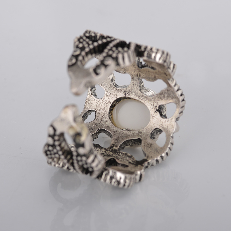 Retro Openwork Pattern Ring Inlaid White Large Gemstone Ring Opening Adjustable Ring Jewelry display picture 3