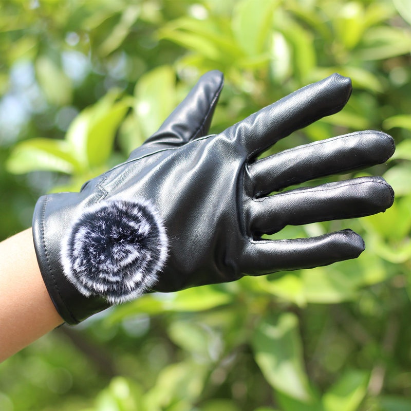 winter lady Rabbit fur ball Leather Gloves Touch screen keep warm Electric vehicle pu Gloves Wholesale Cold gloves
