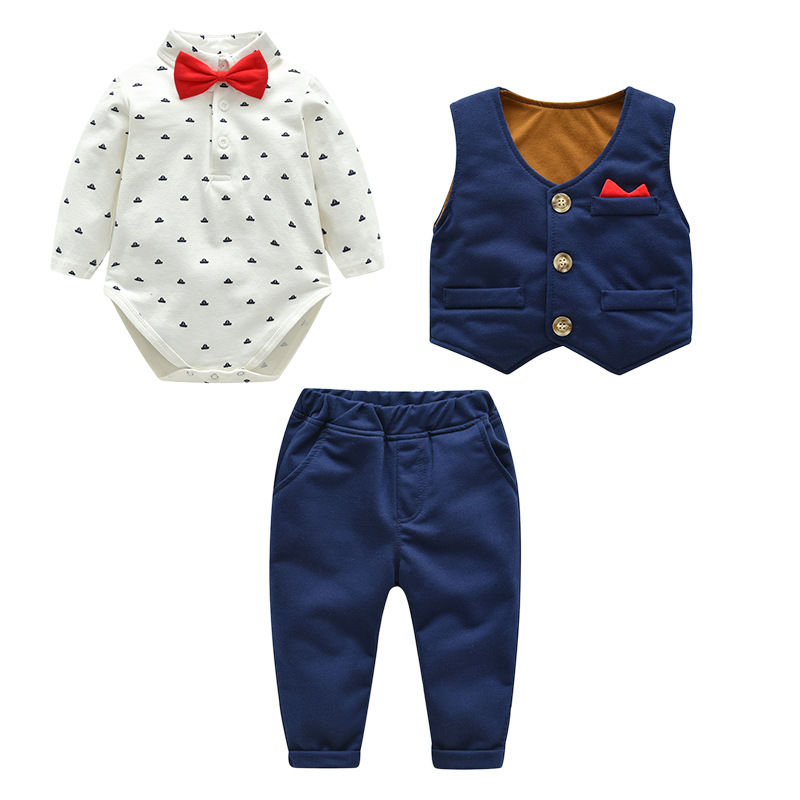 Foreign trade children's clothing spring autumn 2023 new children's set gentleman wearing bow tie baby clothes first year boy gift clothing