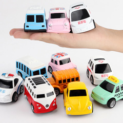 8 Q-style cartoon toy pull-back alloy car models: Taxi, Police Car, Ambulance, School Bus, and Bus