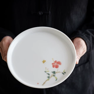 复古陶瓷玉瓷轻奢釉下彩茶盘景德镇手绘壶承白瓷干泡盘壶承扶桑花