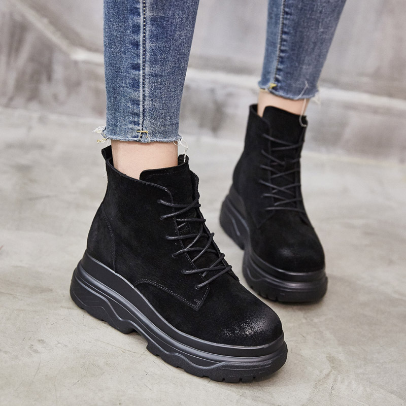 厚底马丁靴女秋冬新品圆头百搭短筒系带休闲增高复古短靴厂家批发|ms