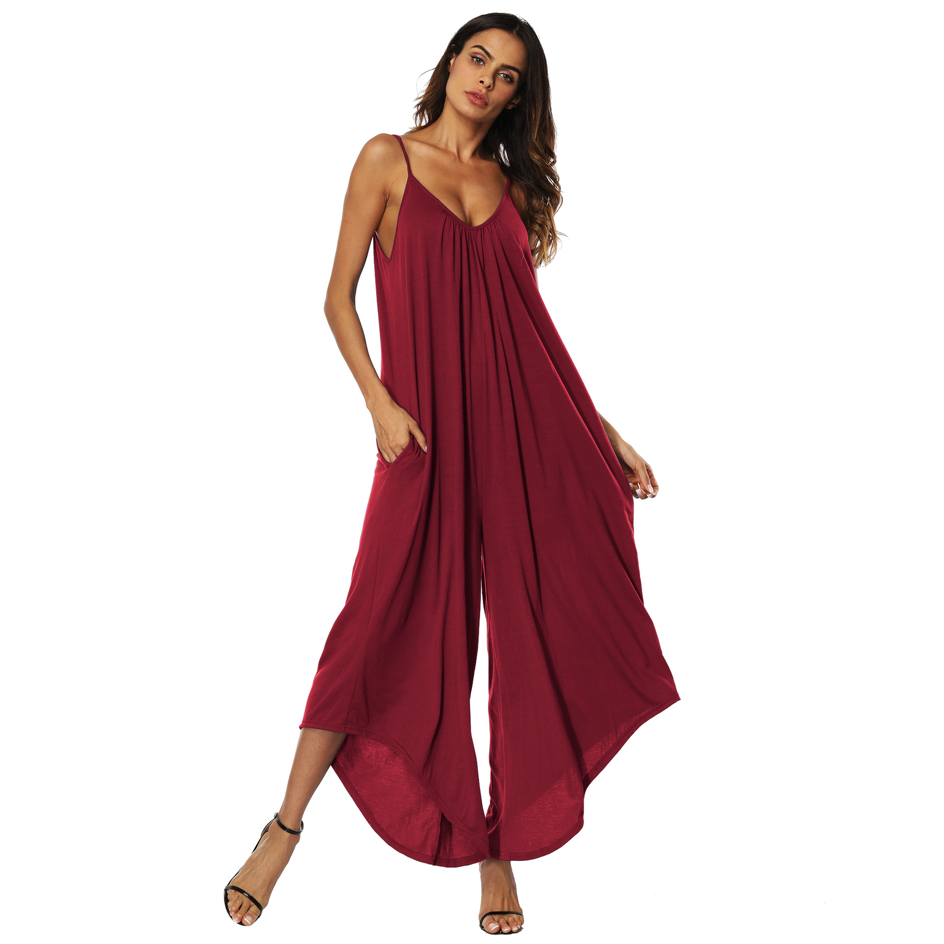 V-neck suspender wide-leg jumpsuit  NSOY28426