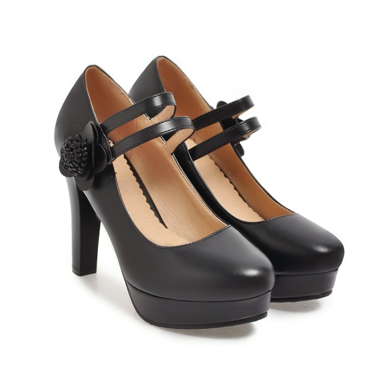 2018春季新款韩版圆头高粗跟防水台花朵魔术贴女士单鞋外贸新款