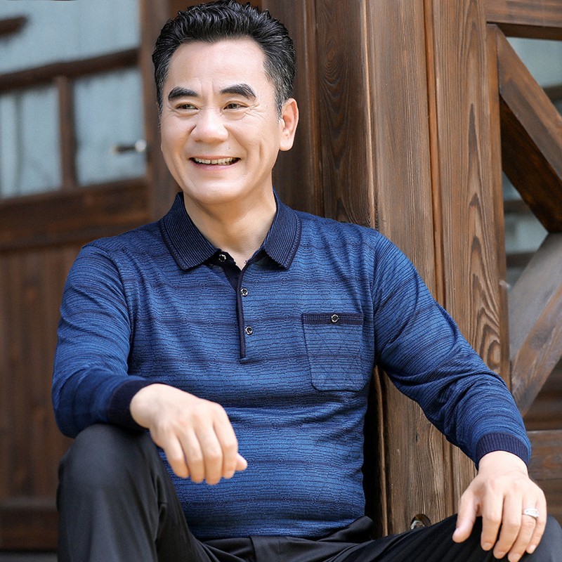 爸爸秋装长袖中年男士t恤40-50岁中老年薄款针织打底衫上衣爷爷装|ru