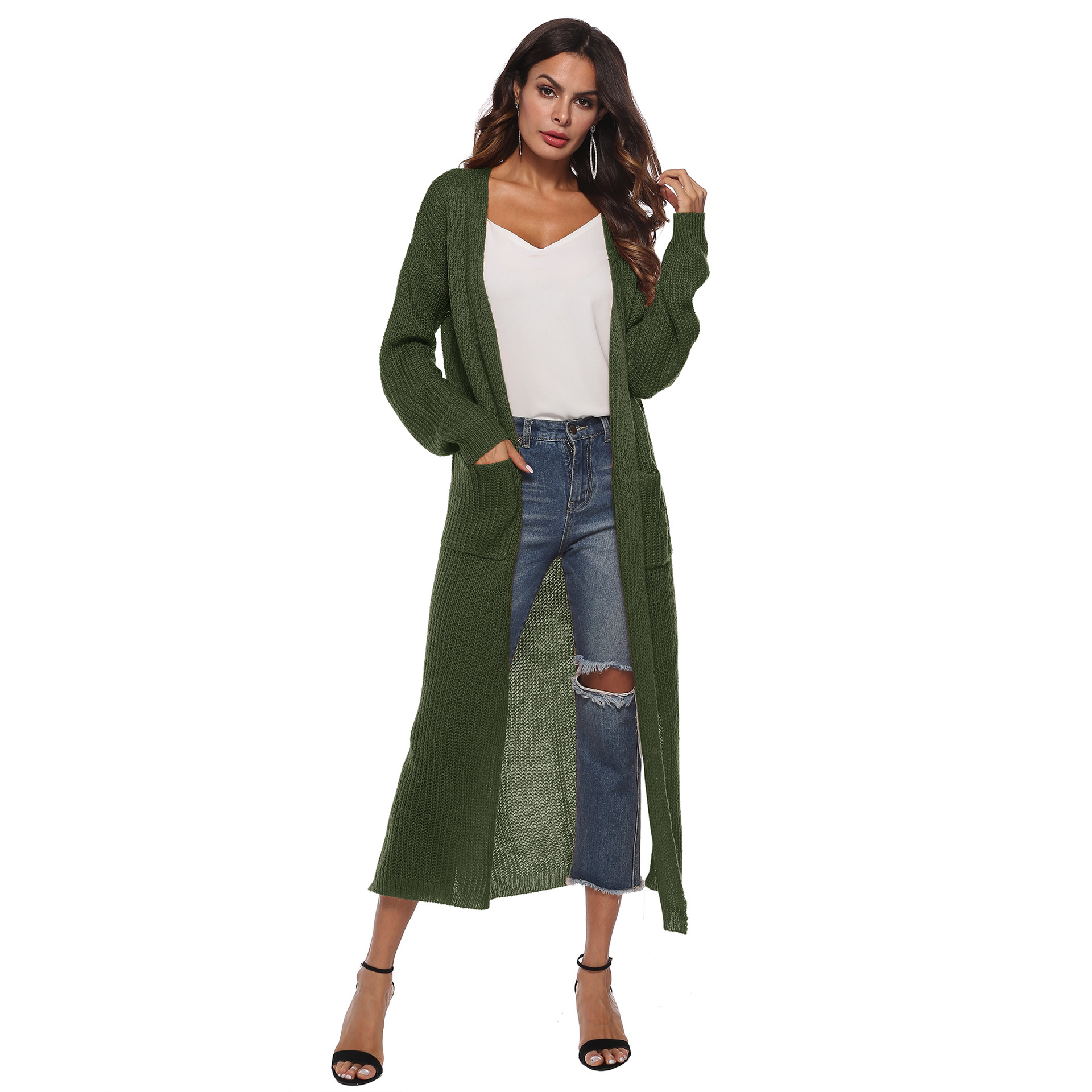 open-fork big pocket knit long thin coat NSOY28458