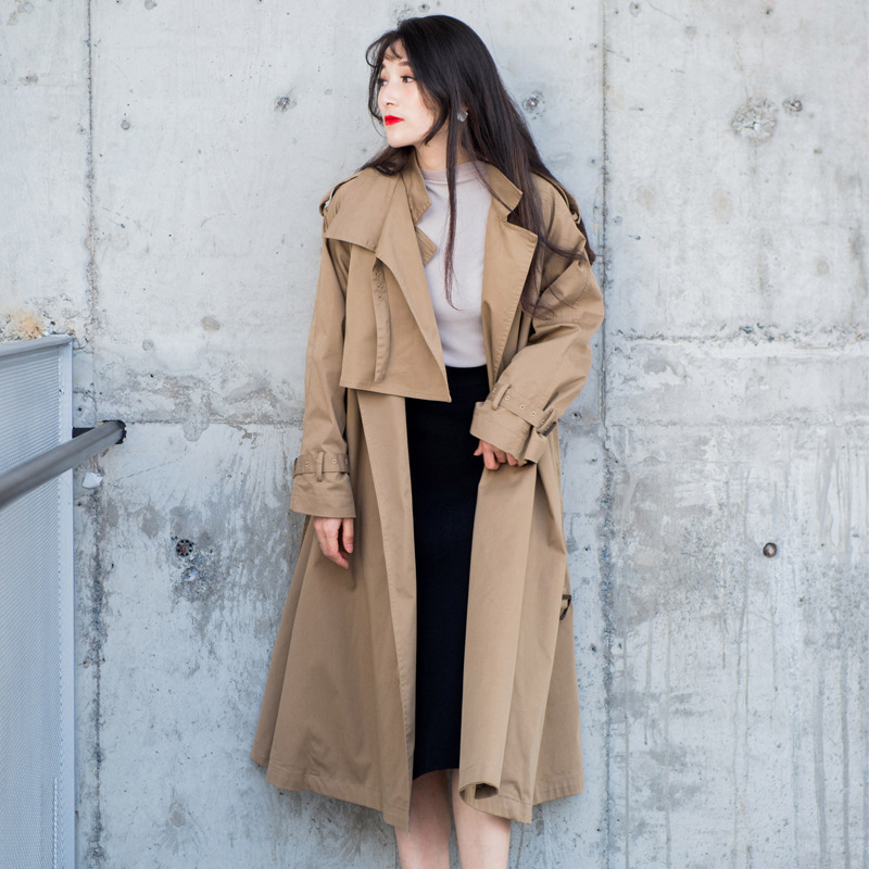 【Simeng】 Elegant Over-The-Knee Coat 2024 Spring and Autumn New Style Lace-Up A-Line Hem Cotton Mid-Length Trench Coat