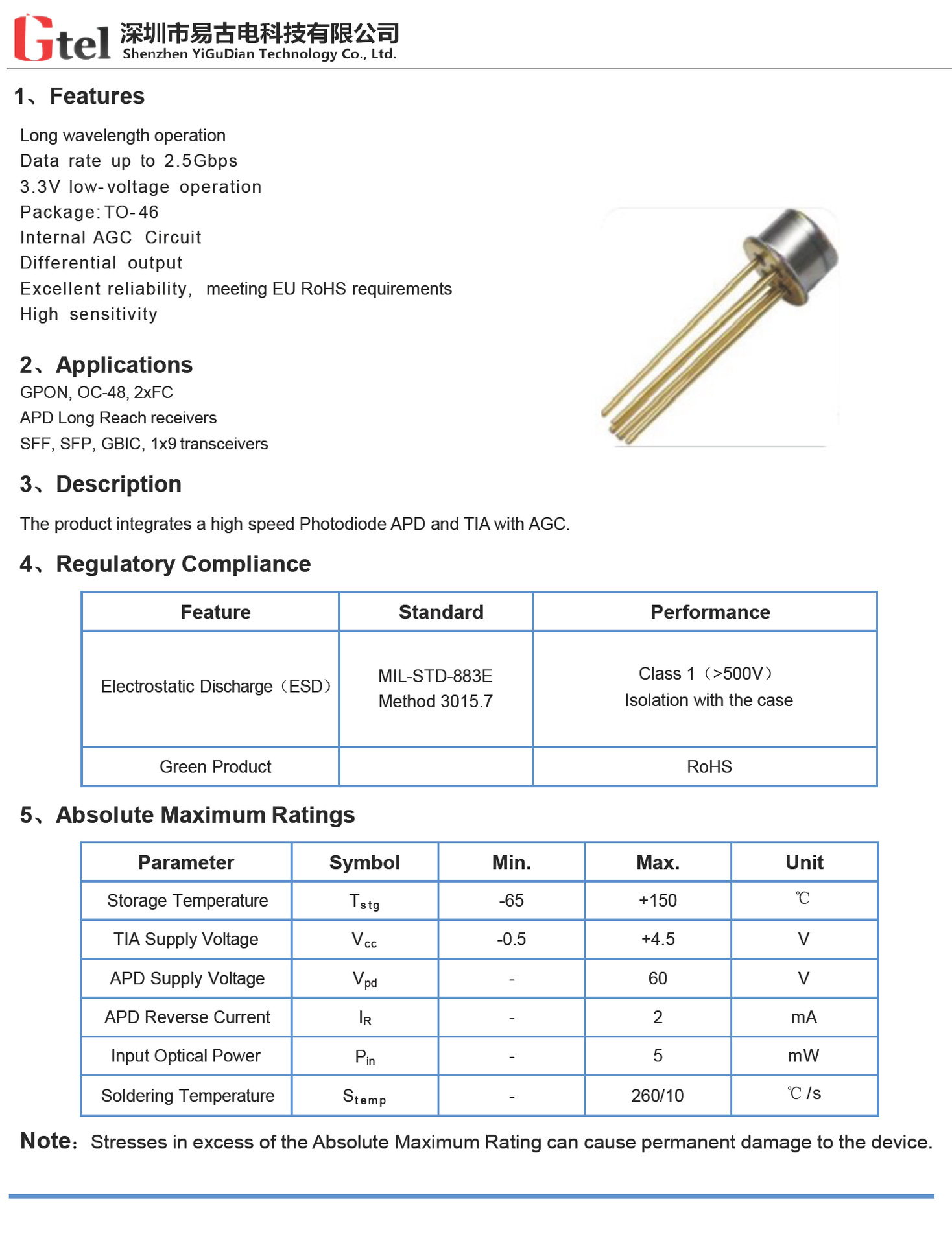 2.5g APD-TIA TO-46 detector assembly [Gtel] - $129.00 : BeamQ Laser ...