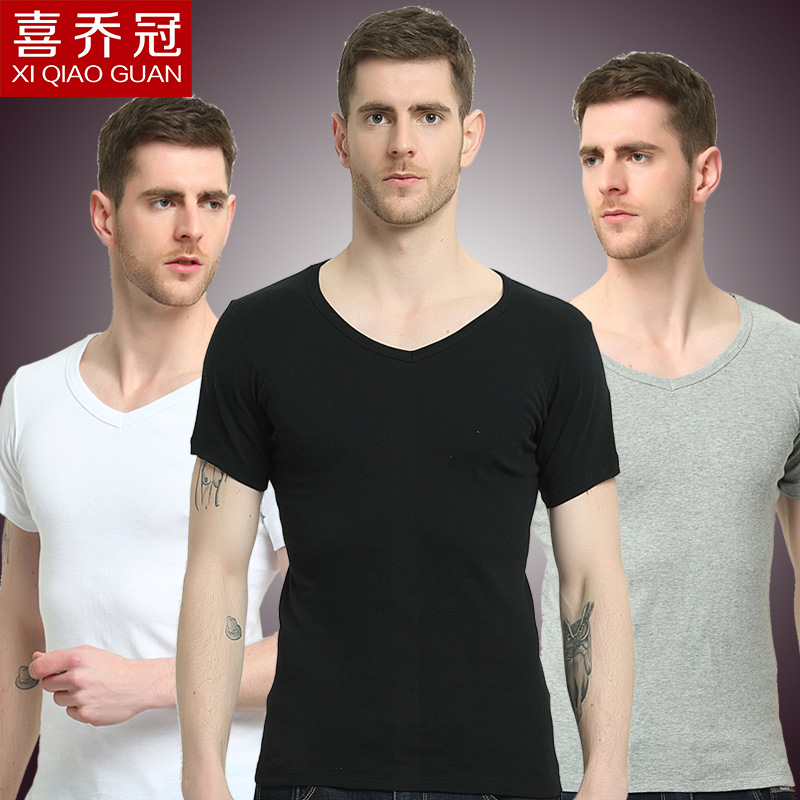 韩版V领短袖t恤男式2018新款夏季全棉白纯色男士半袖潮流运动体恤|ms