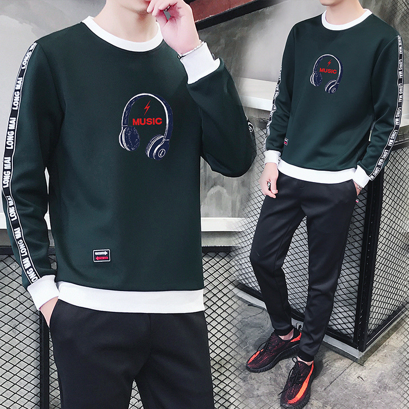 厂家直销18新款秋冬韩版修身织带卫衣男式套装假两件卫衣耳机款