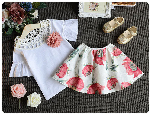 新款韩版童装夏季2件套新款女宝宝镂空领喇叭袖上衣花朵短裙套