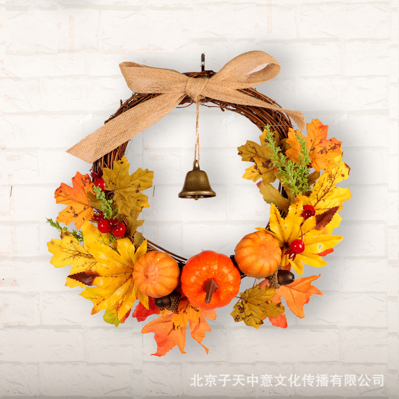 感恩节万圣节花环门挂 南瓜枫叶铃铛家居装饰 麻布结壁挂亚马逊