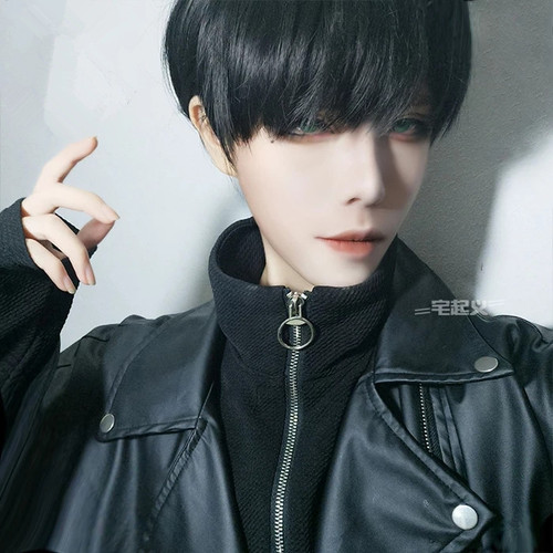 New men's wig handsome male hair student short straight hair black high temperature silk chemical fiber hair anime cos fake hair