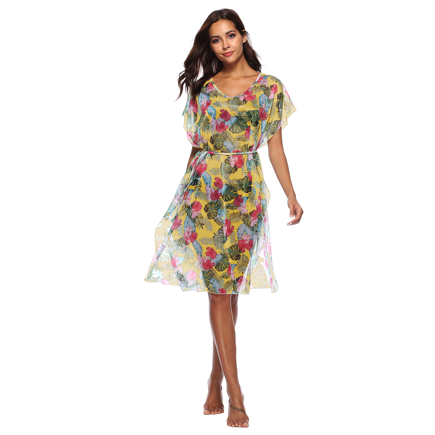 floral loose V-neck chiffon dress NSOY51855