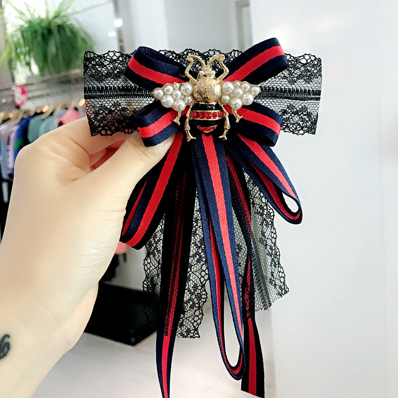 European And American Fashion Bow Tie Flower Korean Style Bee Bow Striped Lace Brooch Accessories Collar Pin For Women