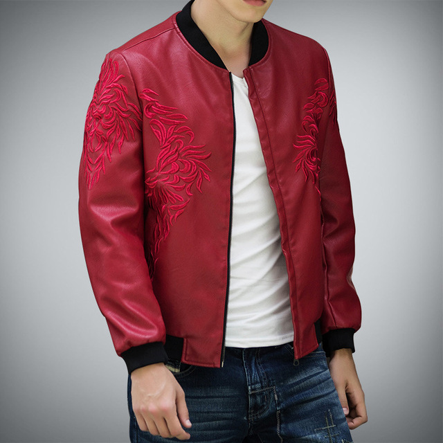 Men’s baseball collar embroidered large wash coat slim trend leather jacket man