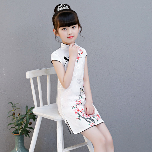 rural printing qipao Chinese wind hanfu Children Chineses dresses Qipao Dresses for girlsChinese zither girl costume cheongsam summer with short sleeves