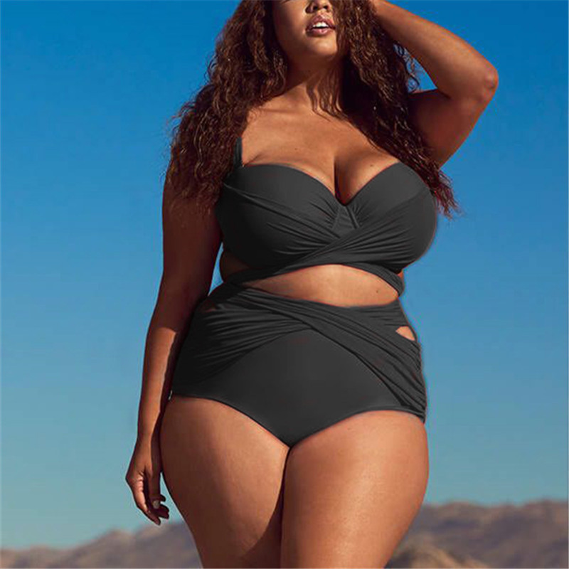 plus size solid color high waist mesh pleated bikini NSHL42903