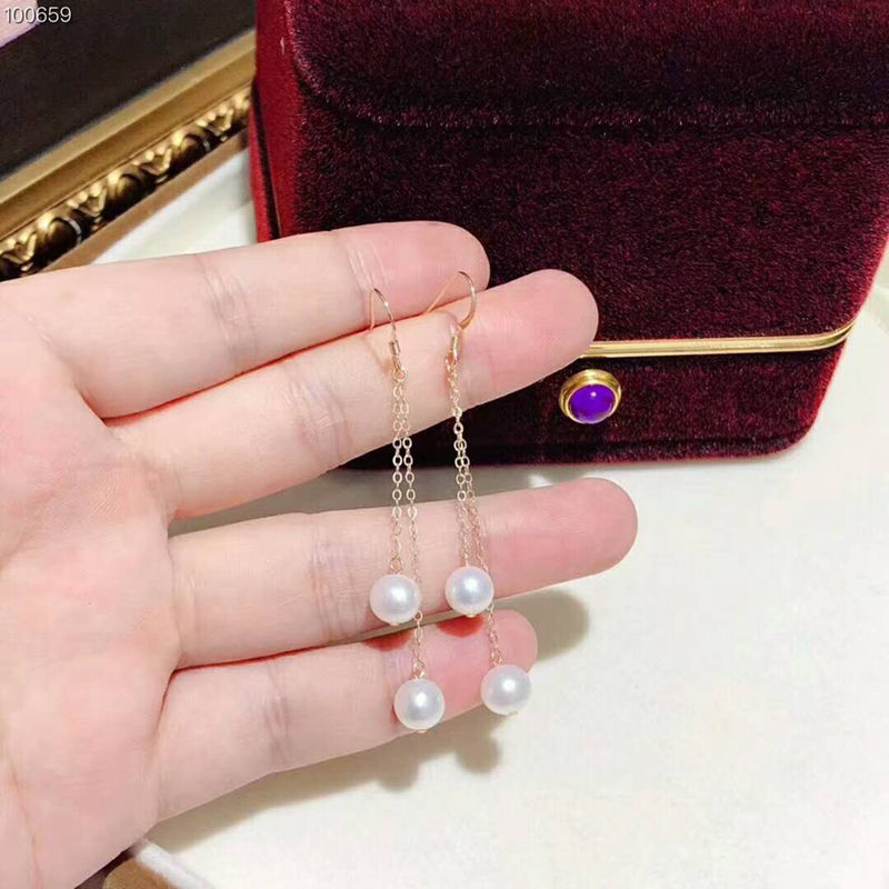 海心珠宝 明星同款双线耳环7-8正圆高品质淡水珍珠全进口注金耳线