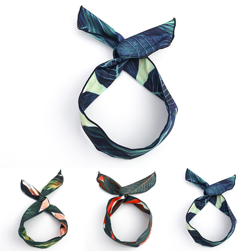 新款韩版女生发饰芭蕉叶铁丝兔耳朵发带宽边布艺印花头带发箍