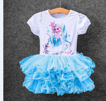 夏季新款 女孩童花卷式紗網裙擺 冰雪公主系列拼接款衫裙童裝