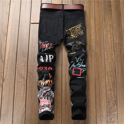 Men's Elastic Leisure Pants, Print Straight Leg Jeans, Street Fashion, Bulk Starting at 5601