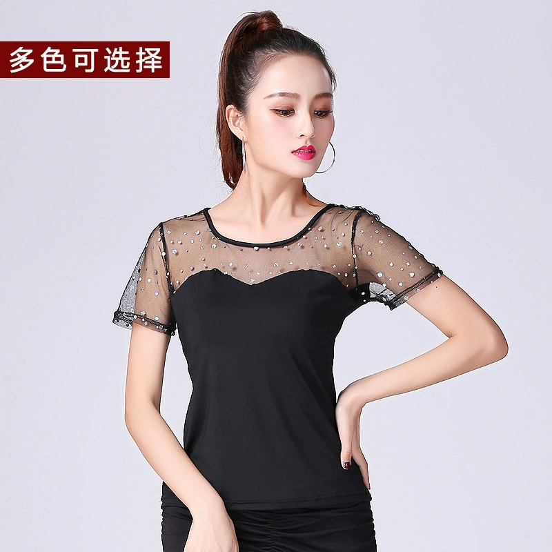 Платье для современных танцев Платье для латинских танцев Платье для бальных танцев Платье для практики с блестками Топ с короткими рукавами