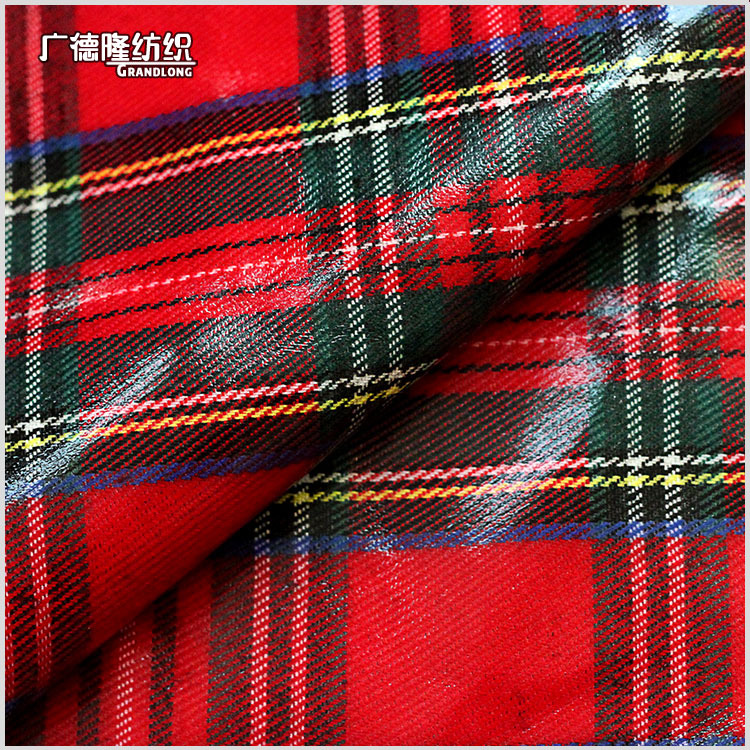 英伦风红格子格纹色织双层亮面PU皮复合面料外套上衣连衣裙箱包布