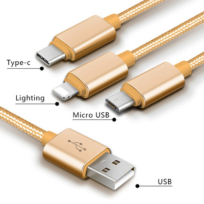 新款编织手机数据线充电线一拖三足2A快充线type-c安卓多功能通用