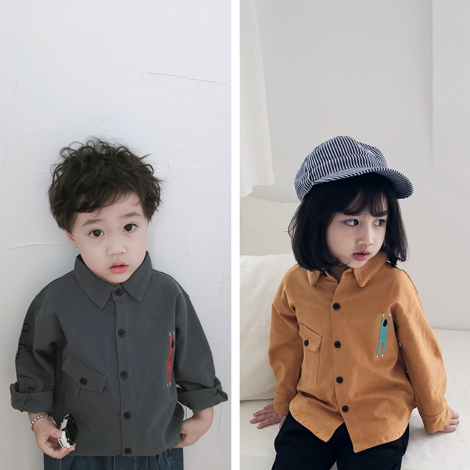 19 spring paragraph Children shirt Washed crepe cotton Cartoon embroidery Cotton comfortable men and women shirt
