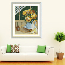 新款花瓶十字绣黄玫瑰盆景简约现代坚款餐厅饭厅线绣画批发代发