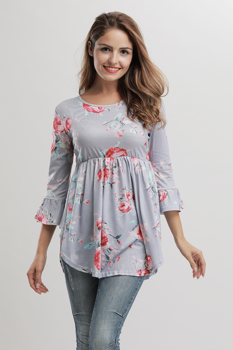 Floral Print Doll Top Sexy Design Three Quarter Bell Sleeves Round Neck Autumn Fashion Wholesale Available