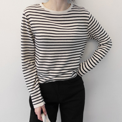 2018韩国代购秋冬新款俘获镜头女神细条纹长袖薄款针织衫t恤毛衣|ru