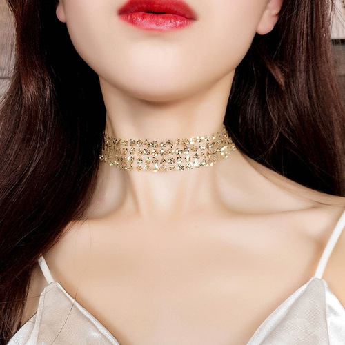 European and American golden sexy invisible choker collarbone chain women's neck jewelry neckband Korean sequin necklace