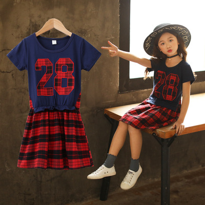 童裝女童2019夏季新款中大童潮流數字方格子連衣裙假二件套裙子熱