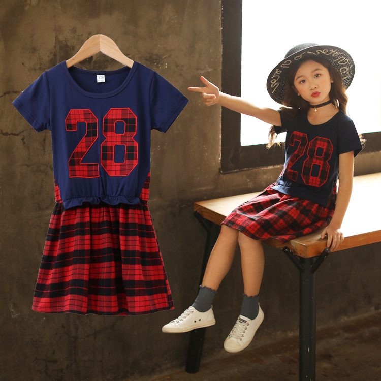 童裝女童2019夏季新款中大童潮流數字方格子連衣裙假二件套裙子熱