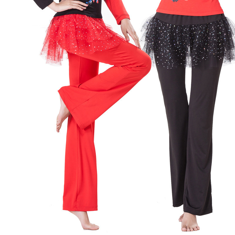 Black Latin dance pants for women  Latin square dance pants milk silk adult female sequins tulle skirt trousers culottes