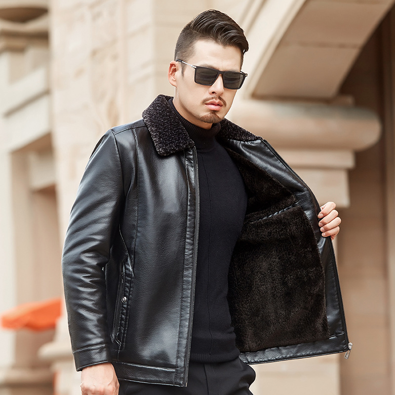 冬季海甯真皮皮衣男士加絨夾克中年加厚綿羊皮外套爸爸裝皮毛壹體