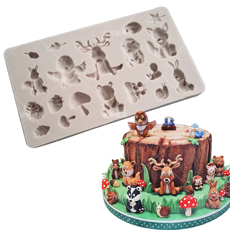 Nuevo bosque animal insecto erizo ciervo ardilla zorro seta Pino cono fondant cake molde de silicona