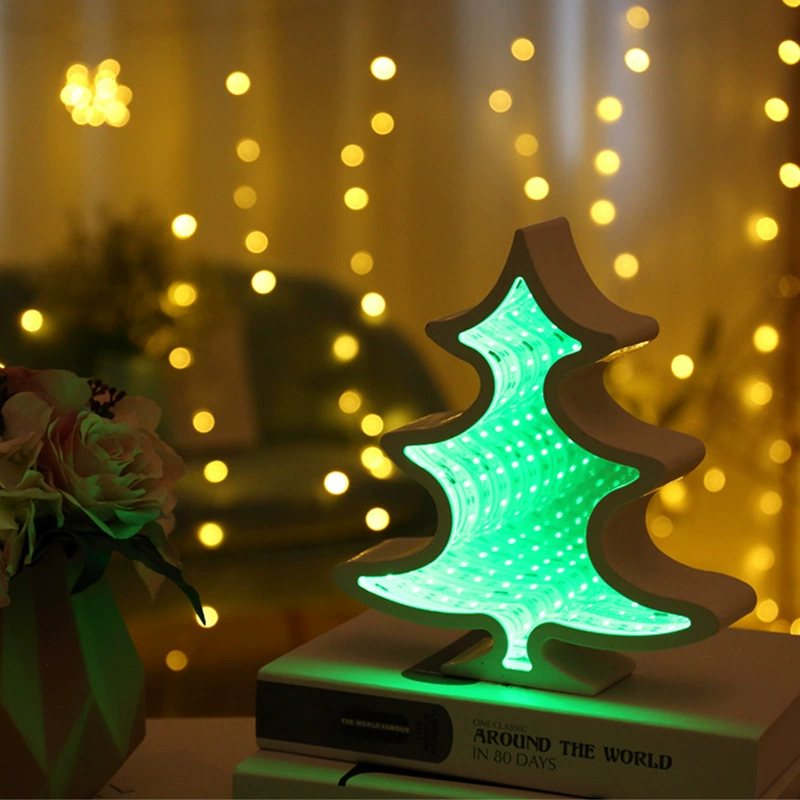 3D туннель LED ночник, декоративная лампа с зеркальным эффектом, USB батарея, формы звезда/сердце/дерево