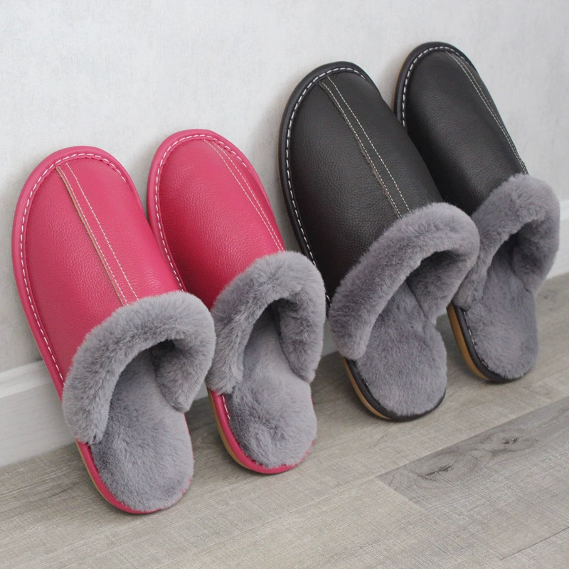 Бархатные тапочки из воловьей кожи кролика для мужчин и женщин, домашние Нескользящие теплые домашние деревянные полы на толстой подошве, кожаная зимняя хлопковая обувь для влюбленных