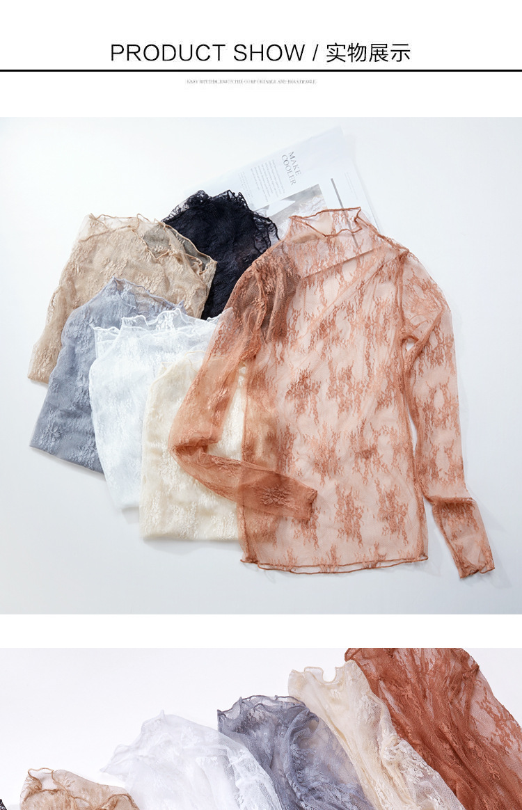 Super fairy-like innerwear lace base shirt for women 2020 new long-sleeved sexy cut-out mesh top semi-high neck lace shirt pic 11