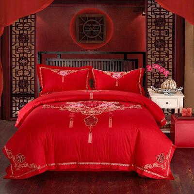 婚庆四件套全棉贡缎刺绣 床单床盖结婚纯棉床上用品四件套大红